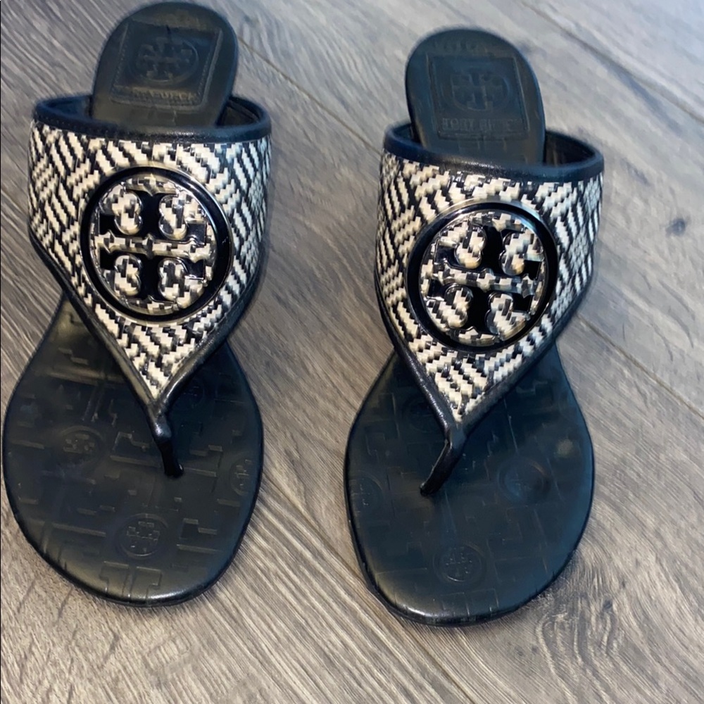 Tory Burch Black and White Woven Logo Thong Sandals